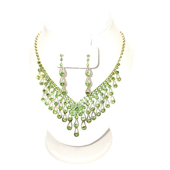 Lime Green Rhinestone Necklace/Earring Set Bib Style Gold Tone - Picture 1 of 7